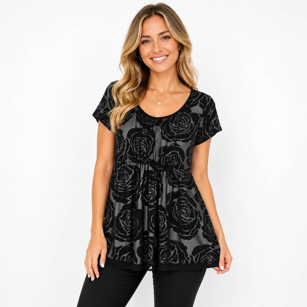 R.Q.T Black Rose Sheer Babydoll Blouse Medium